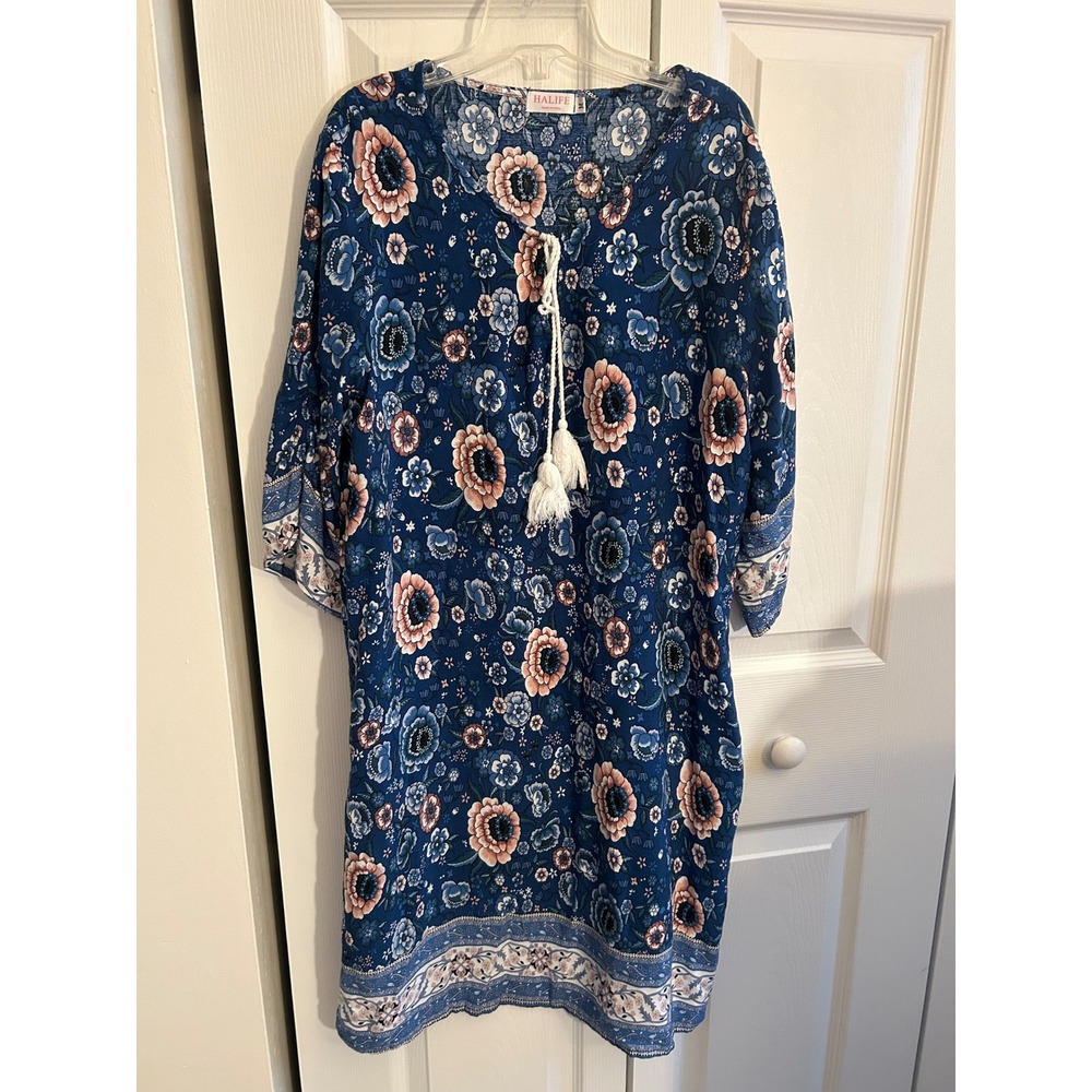 Halife Blue Floral Boho Tassel Shift Dress Medium 3/4 Sleeve Bohemian Mini